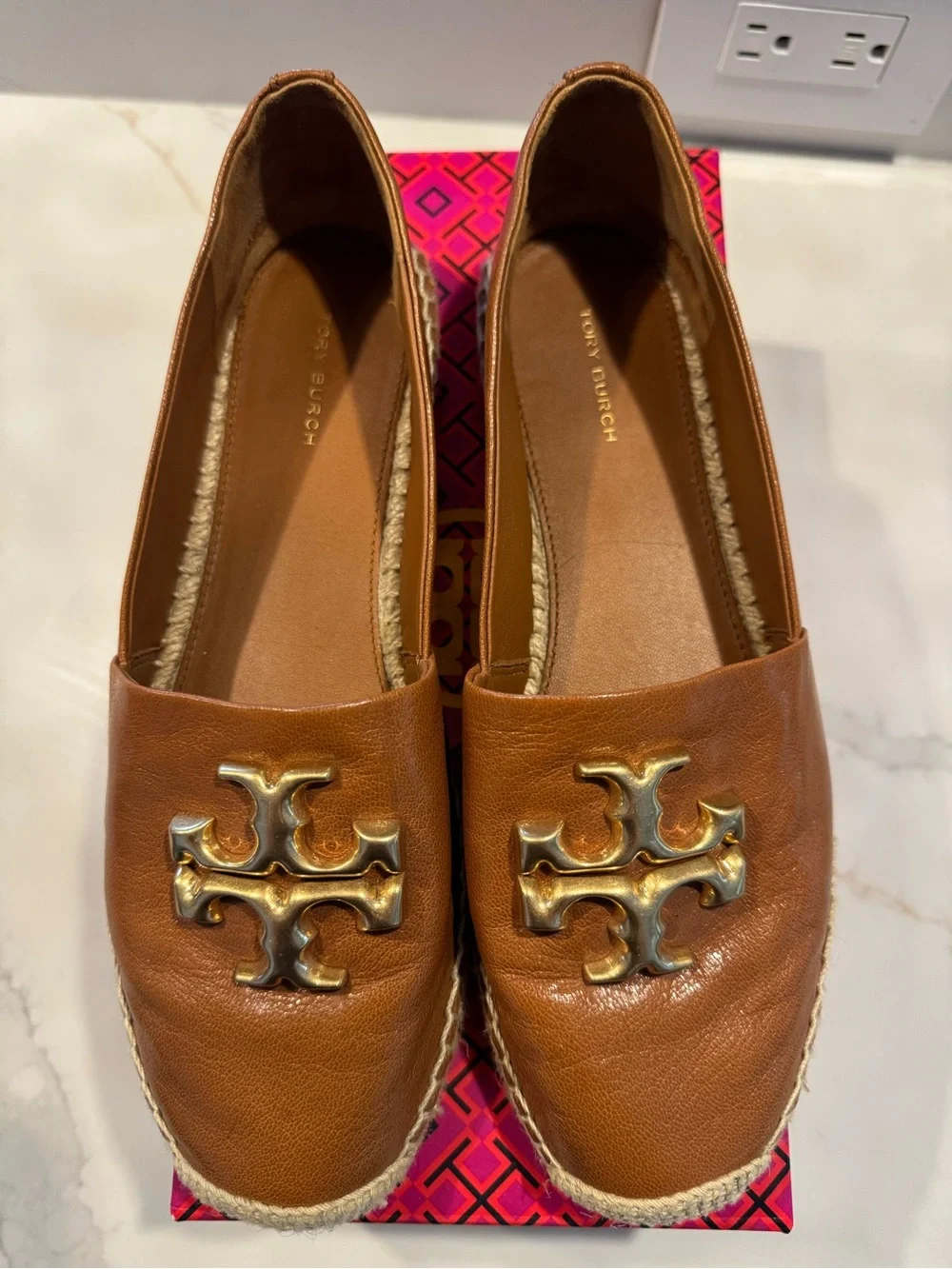 Tory Burch Tan Brown Leather Espadrille Eleanor Flats with Gold Logo